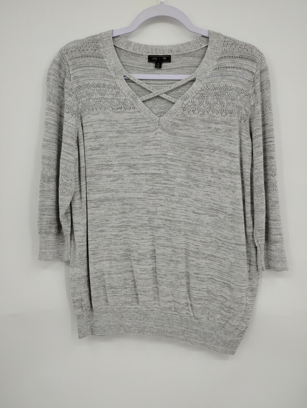 Lety & Me Niki Pointelle 3/4 Sleeve Pullover Grey Top Sweater XL